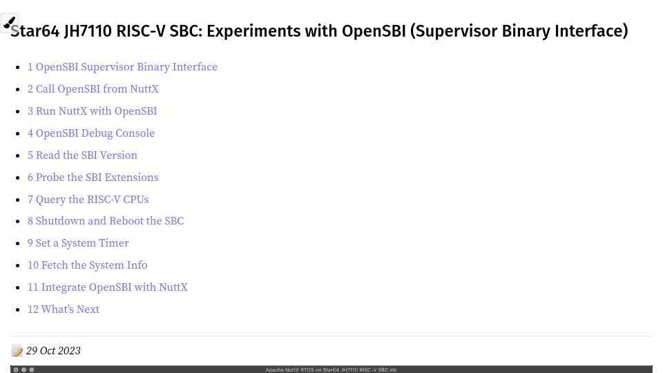 Screenshot of lupyuen.codeberg.page: Star64 JH7110 RISC-V SBC: Experiments with OpenSBI (Supervisor Binary Interface)