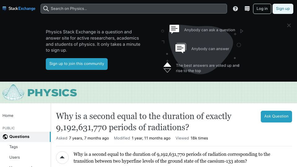 Screenshot of physics.stackexchange.com: Why is a second equal to the duration of 9,192,631,770 of radiations? (2016)