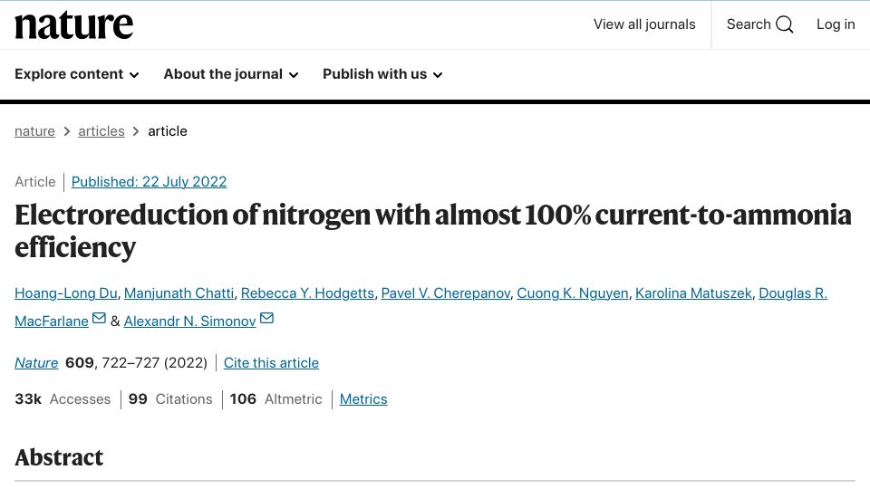 Screenshot of nature.com: Nitrogen electroreduction with almost 100% current-to-ammonia efficiency (2022)