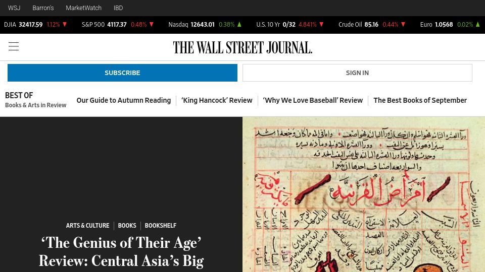 Screenshot of wsj.com: 'The Genius of Their Age' Review: Central Asia's Big Thinkers
