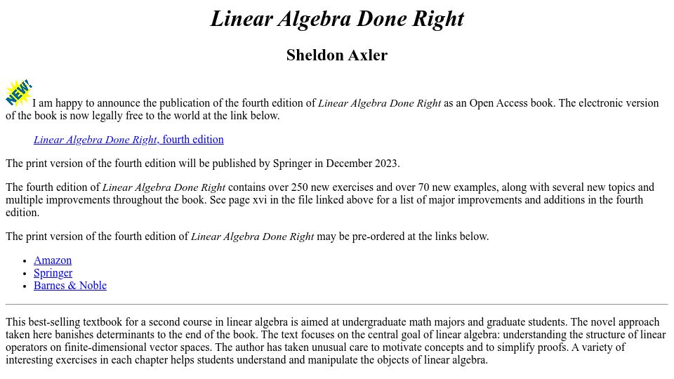 Screenshot of linear.axler.net: Linear Algebra Done Right – 4th Edition
