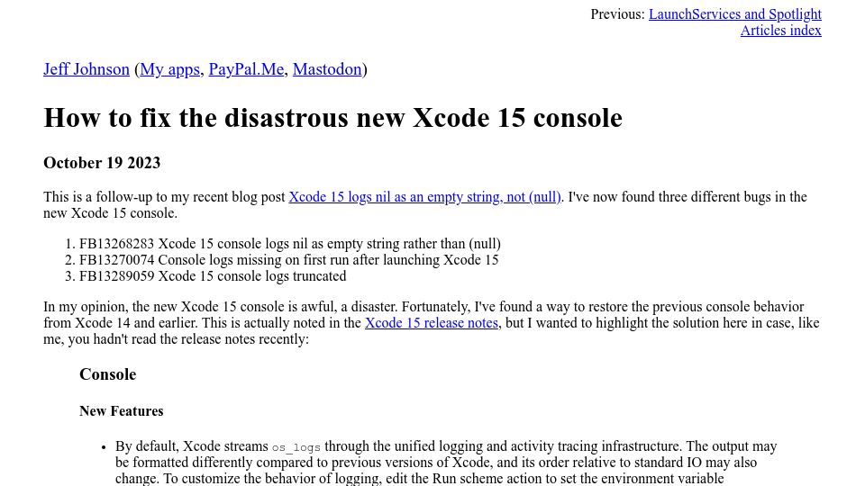 Screenshot of lapcatsoftware.com: How to fix the disastrous new Xcode 15 console