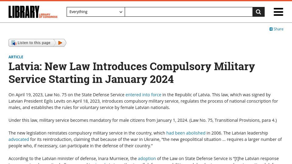 Screenshot of loc.gov: Latvia to start conscripting men for mandatory military service, starting 2024