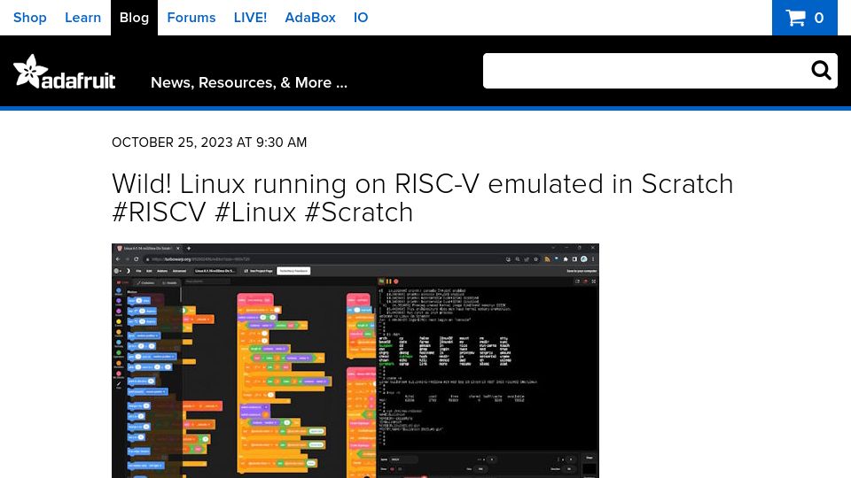Screenshot of blog.adafruit.com: Linux running on RISC-V emulated in Scratch