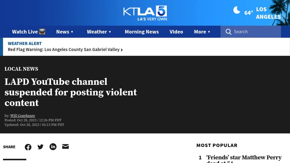 Screenshot of ktla.com: LAPD YouTube Channel Suspended for Posting Violent Content