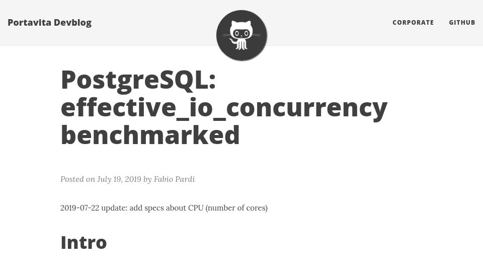 Screenshot of portavita.github.io: PostgreSQL: Effective_io_concurrency benchmarked (2019)