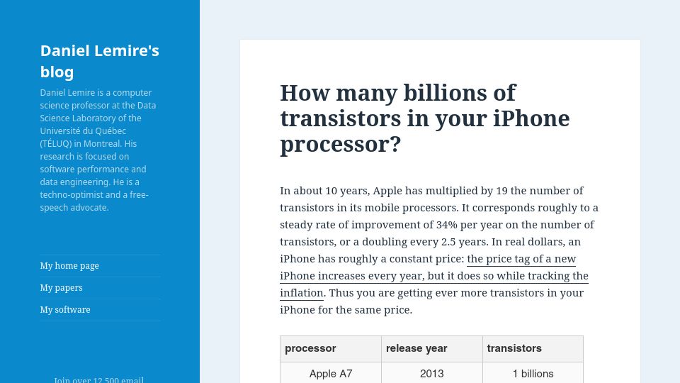 Screenshot of lemire.me: How many billions of transistors in an iPhone processor?