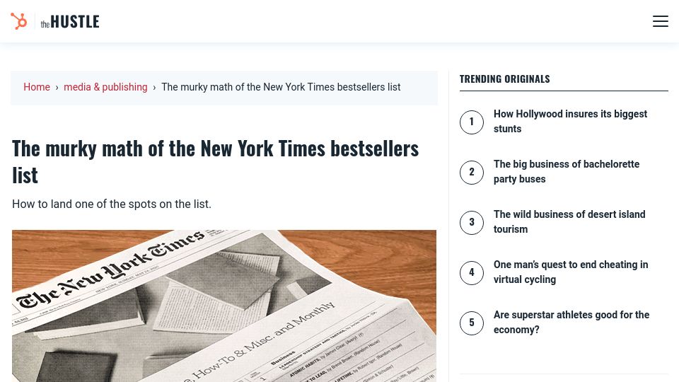 Screenshot of thehustle.co: The murky math of the New York Times bestsellers list