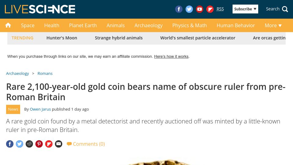 Screenshot of livescience.com: Rare 2,100-year-old gold coin bears name of obscure ruler from pre-Roman Britain