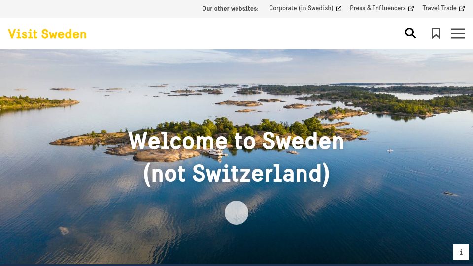 Screenshot of visitsweden.com: Sweden (Not Switzerland)