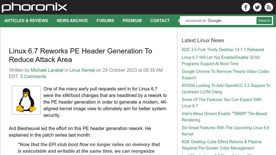 Screenshot of phoronix.com: Linux 6.7 Reworks PE Header Generation to Reduce Attack Area