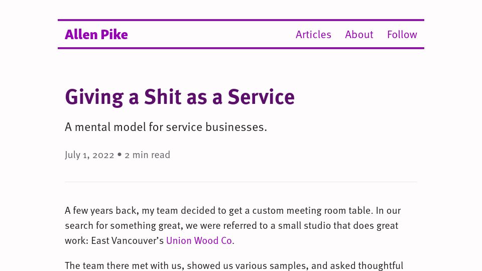 Screenshot of allenpike.com: Giving a Shit as a Service (2022)