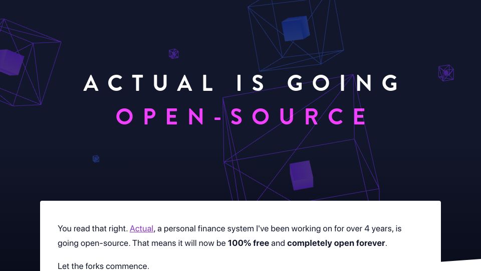 Screenshot of actualbudget.com: Actual is going open-source (2022)