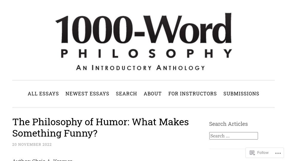 Screenshot of 1000wordphilosophy.com: The Philosophy of Humor: What Makes Something Funny? (2022)