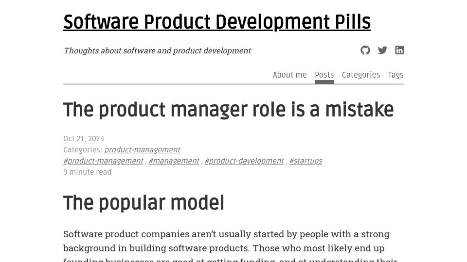 Screenshot of sollecitom.github.io: The product manager role is a mistake