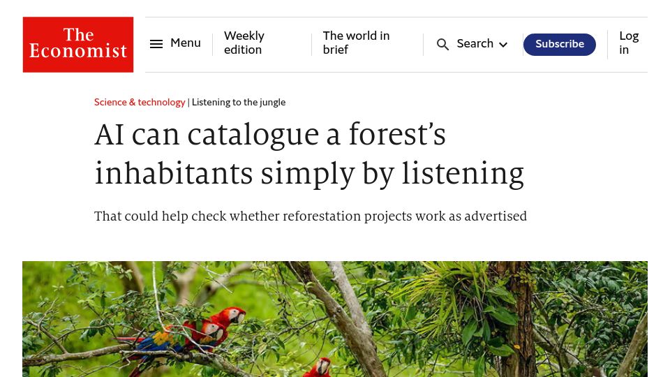 Screenshot of economist.com: AI can catalogue a forest's inhabitants simply by listening