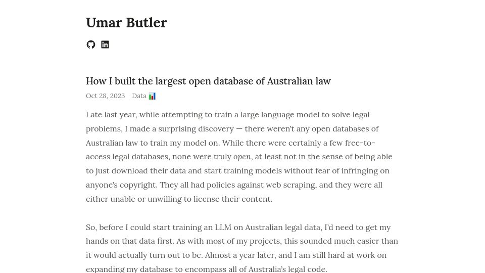 Screenshot of umarbutler.com: Show HN: how I built the largest open database of Australian law
