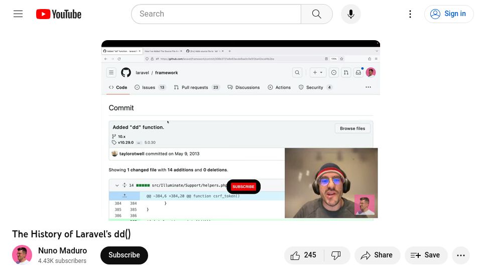 Screenshot of youtube.com: The History of Laravel's dd() [video]