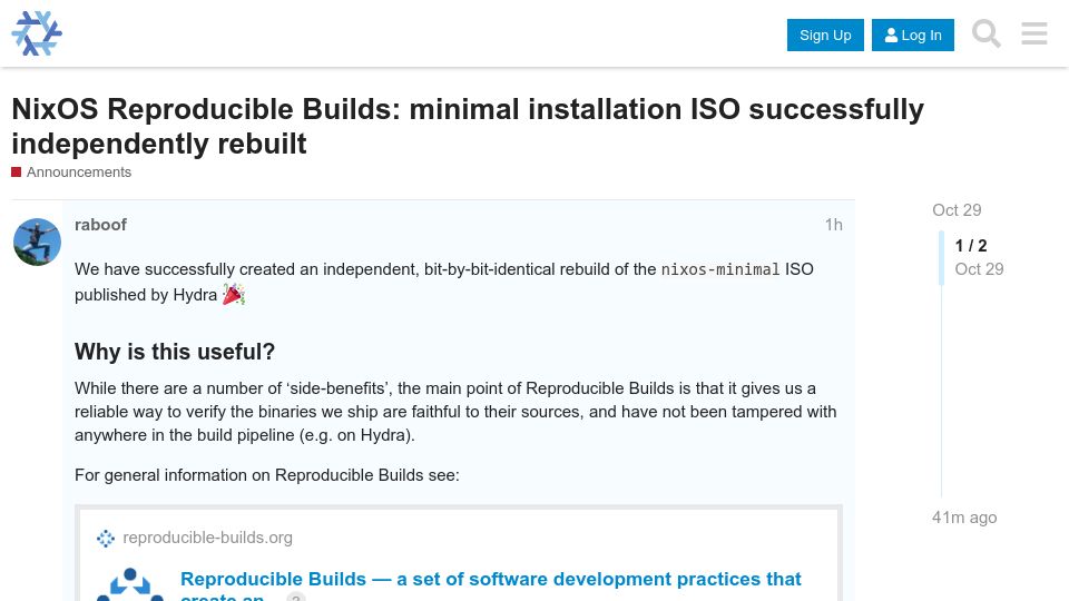 Screenshot of discourse.nixos.org: NixOS Reproducible Builds: minimal ISO successfully independently rebuilt