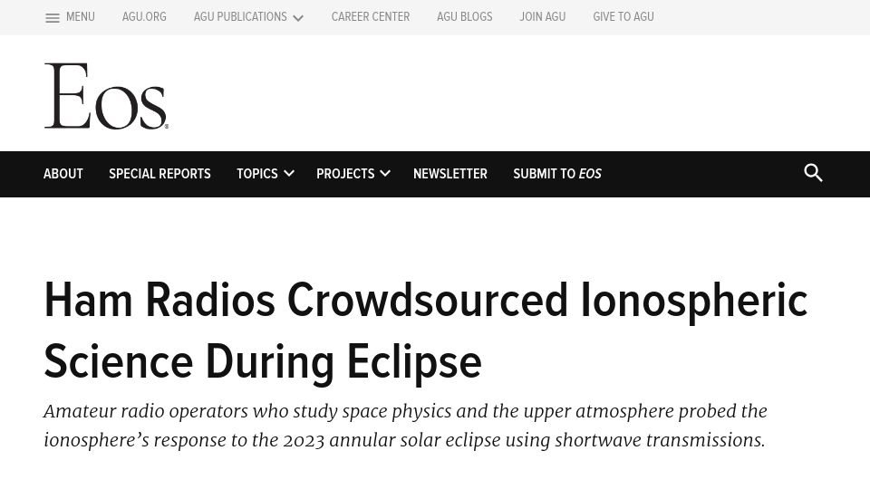 Screenshot of eos.org: Ham Radios Crowdsourced Ionospheric Science During Eclipse