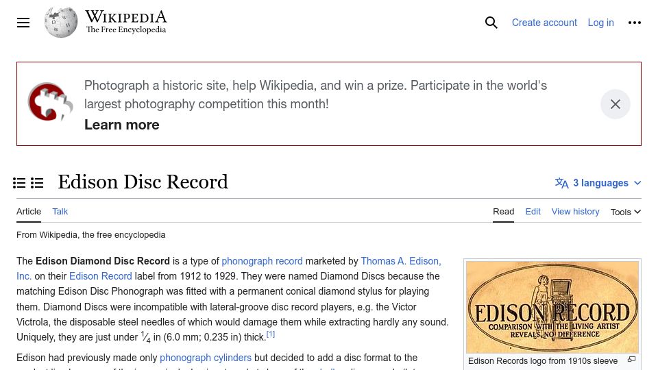 Screenshot of en.wikipedia.org: The Edison Disc Record