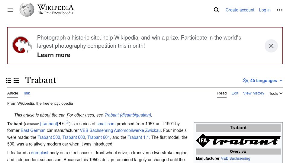 Screenshot of en.wikipedia.org: Trabant