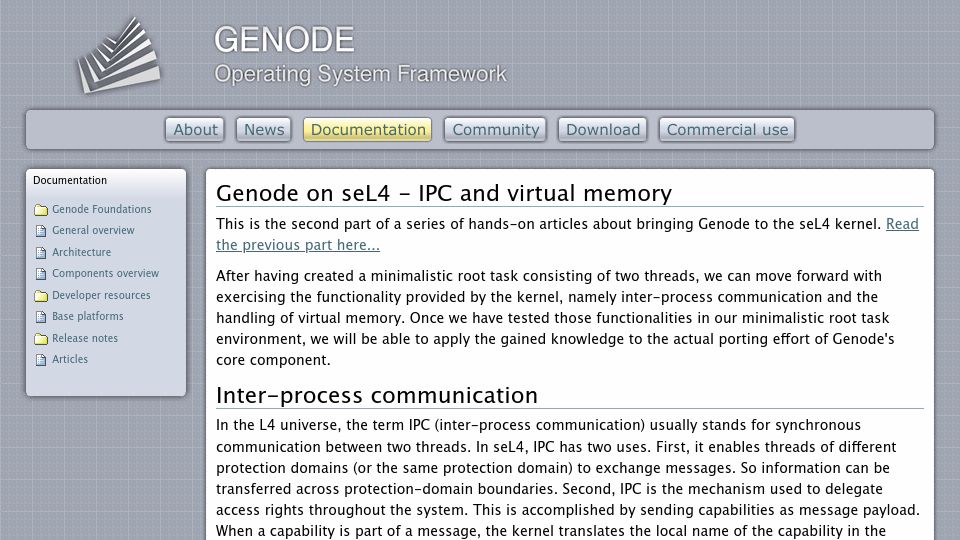 Screenshot of genode.org: Genode – Genode on seL4 – IPC and virtual memory