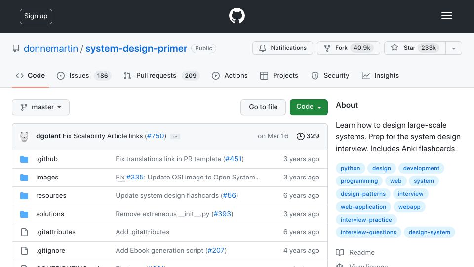 Screenshot of github.com: GitHub – system-design-primer: Learn how to design large-scale systems