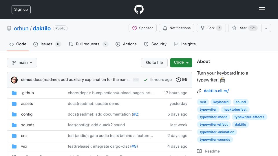 Screenshot of github.com: Daktilo: Turn Your Keyboard into a Typewriter