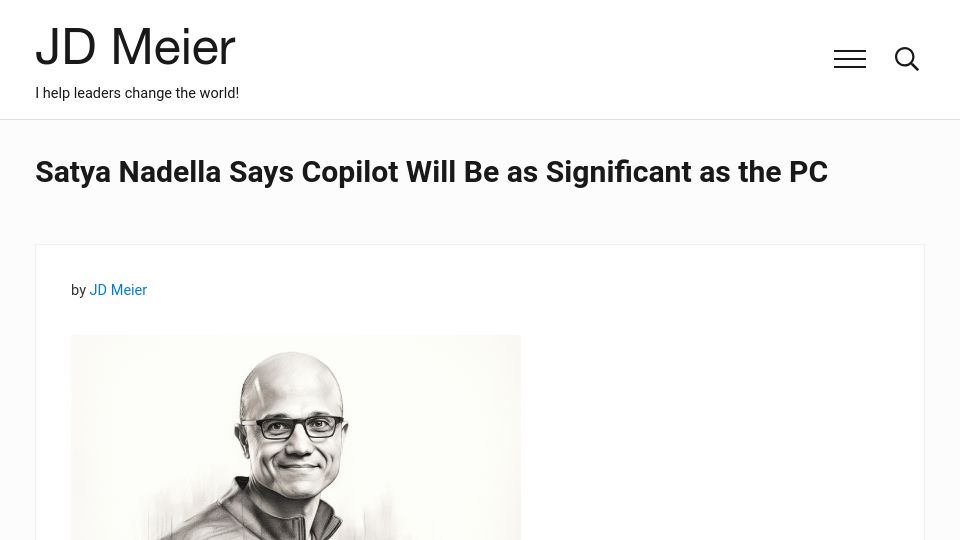Screenshot of jdmeier.com: Satya Nadella Says Copilot Will Be as Significant as the PC