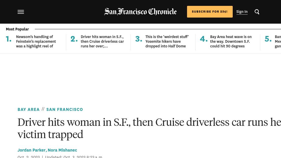 Screenshot of sfchronicle.com: Driver hits woman in S.F., then Cruise driverless car runs her over