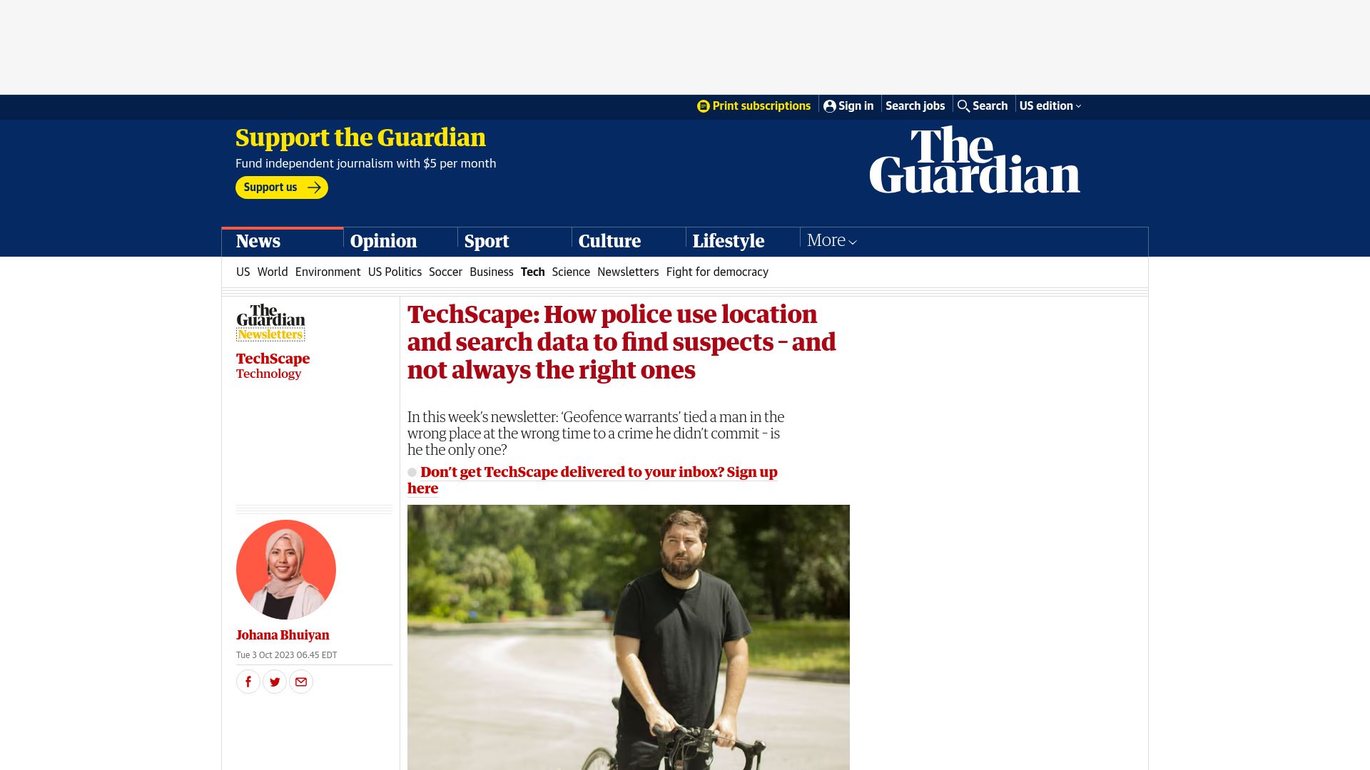 Screenshot of theguardian.com: How police use location/search data to find suspects - not always the right ones