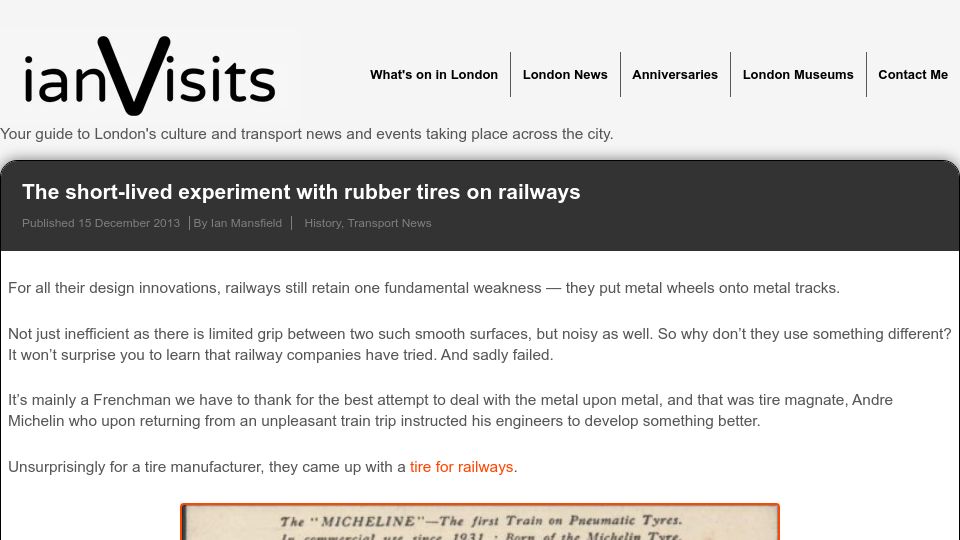 Screenshot of ianvisits.co.uk: The short-lived experiment with rubber tires on railways (2013)