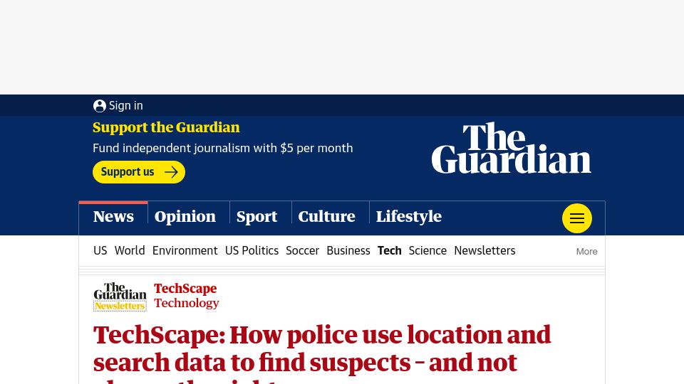 Screenshot of theguardian.com: How police use location/search data to find suspects - not always the right ones