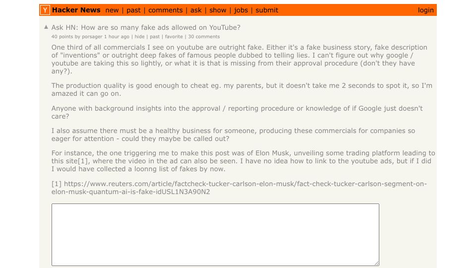Screenshot of Hacker News post: Ask HN: How are so many fake ads allowed on YouTube?