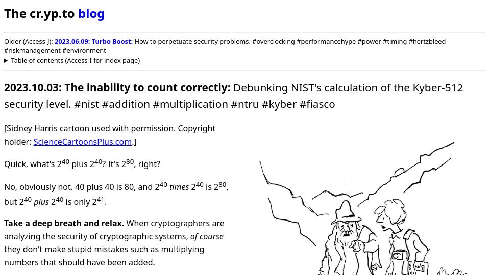 Screenshot of blog.cr.yp.to: Debunking NIST's calculation of the Kyber-512 security level