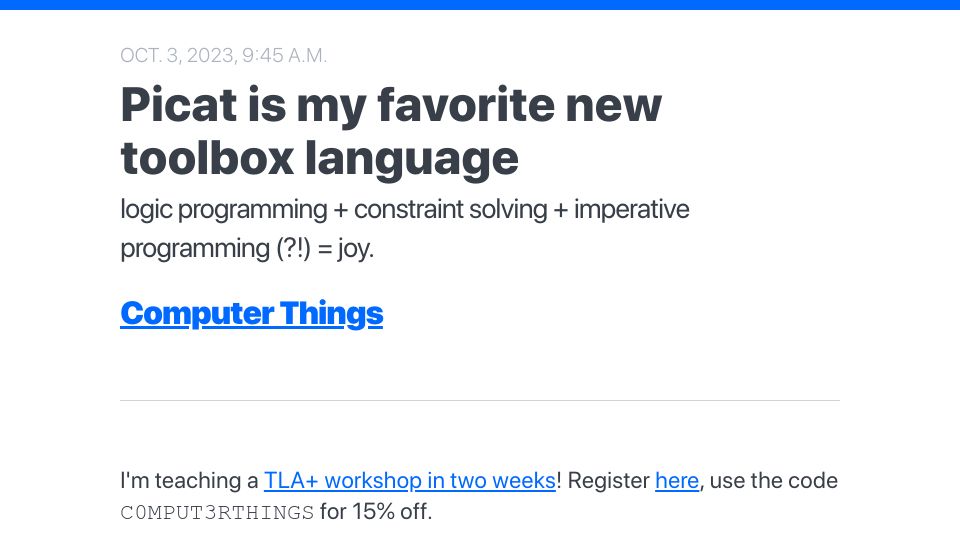 Screenshot of buttondown.email: Picat is my favorite new toolbox language