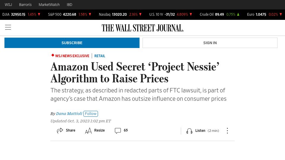 Screenshot of wsj.com: Amazon used algorithm to test how much it could raise prices: FTC