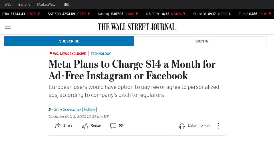 Screenshot of wsj.com: Meta pitches EU to charge a $10 subscription for ad-free Facebook and Instagram
