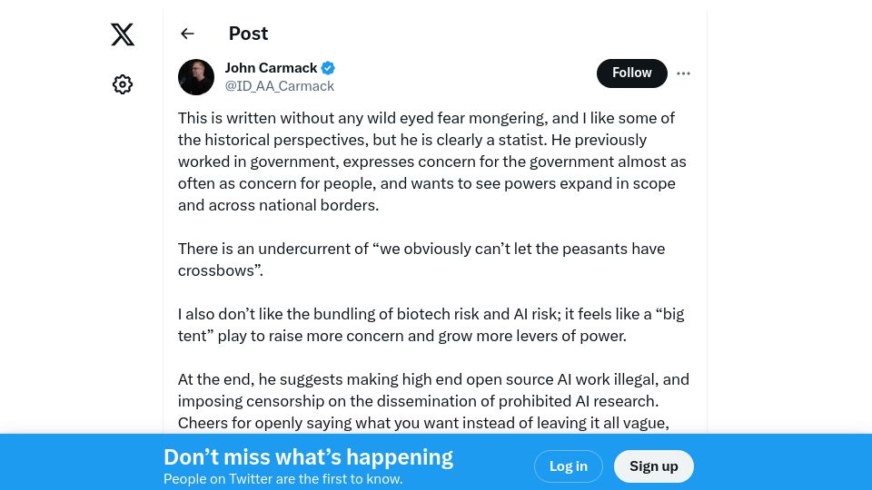 Screenshot of twitter.com: John Carmack on AI