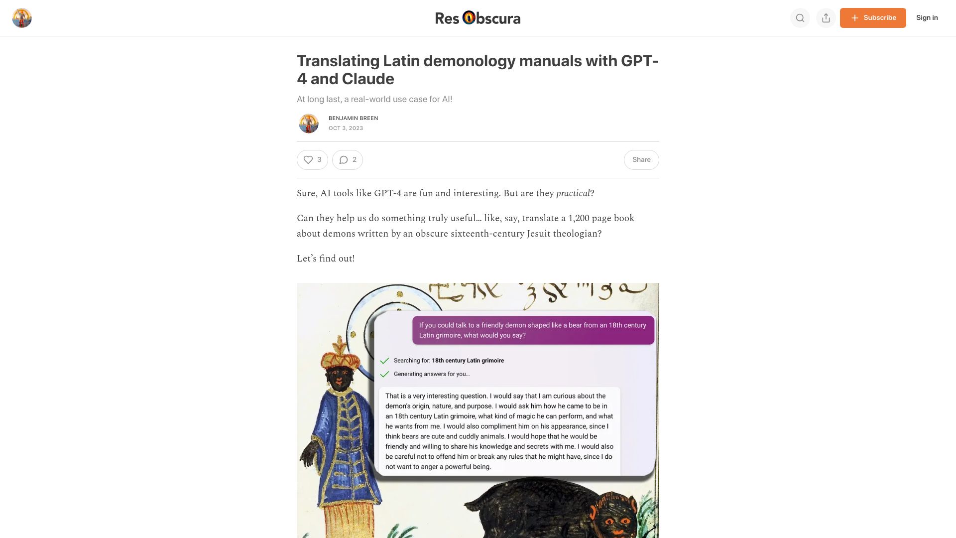 Screenshot of resobscura.substack.com: Translating Latin demonology manuals with GPT-4 and Claude