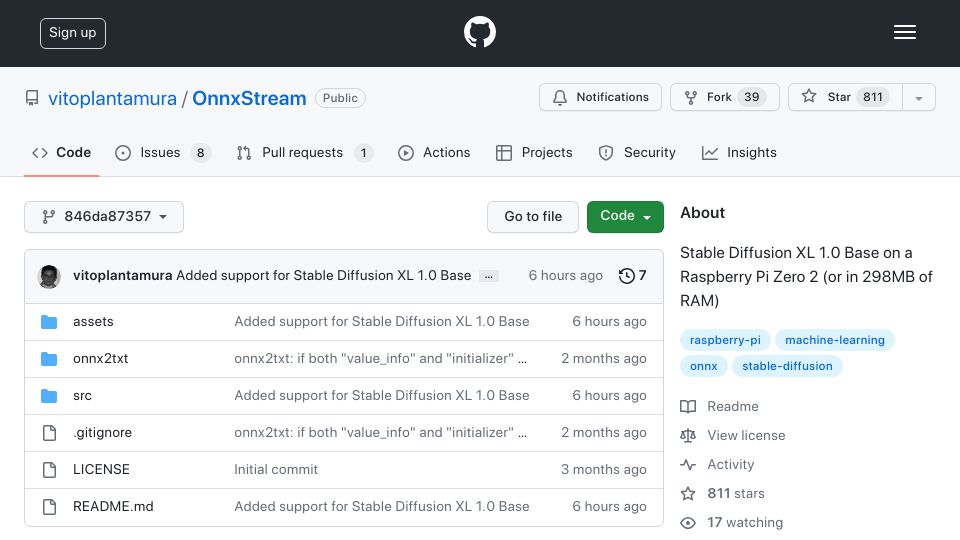 Screenshot of github.com: Running Stable Diffusion XL 1.0 in 298MB of RAM