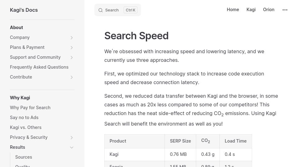 Screenshot of help.kagi.com: Kagi is 80% faster and 70% less carbon intensive than Google