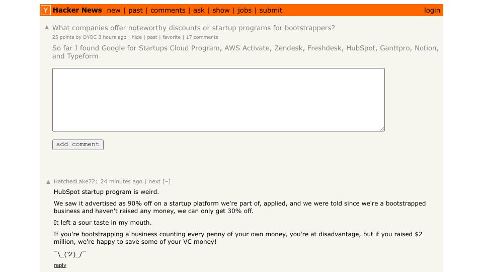 Screenshot of Hacker News post: What companies offer noteworthy discounts or startup programs for bootstrappers?