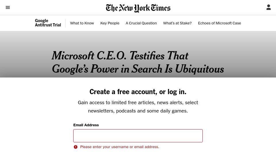 Screenshot of nytimes.com: Microsoft CEO testifies that Google’s power in search is ubiquitous
