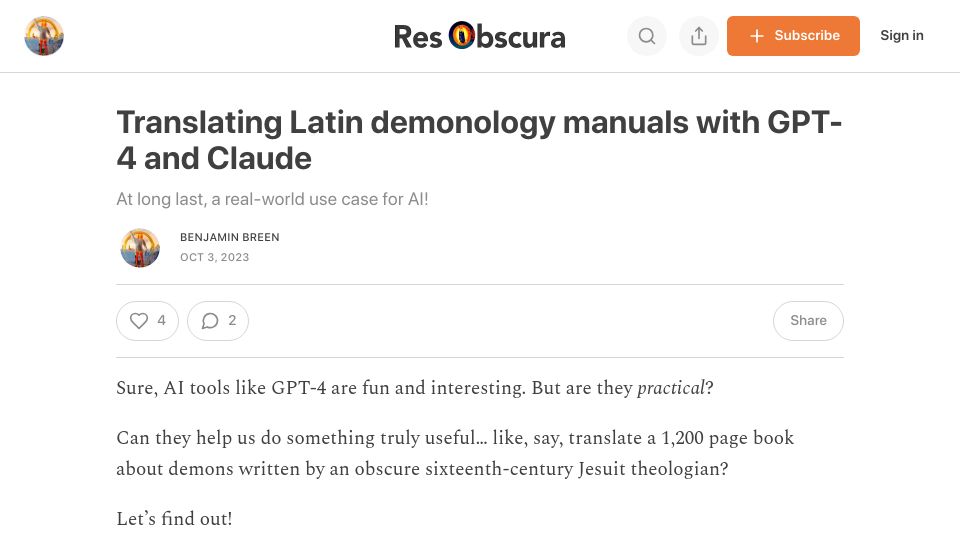 Screenshot of resobscura.substack.com: Translating Latin demonology manuals with GPT-4 and Claude