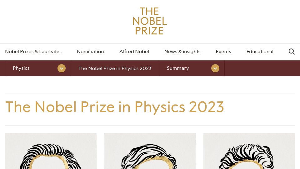 Screenshot of nobelprize.org: Nobel Prize in Physics Awarded to Agostini, Krausz, and L’Huillier
