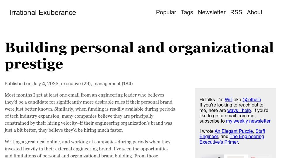Screenshot of lethain.com: Building personal and organizational prestige