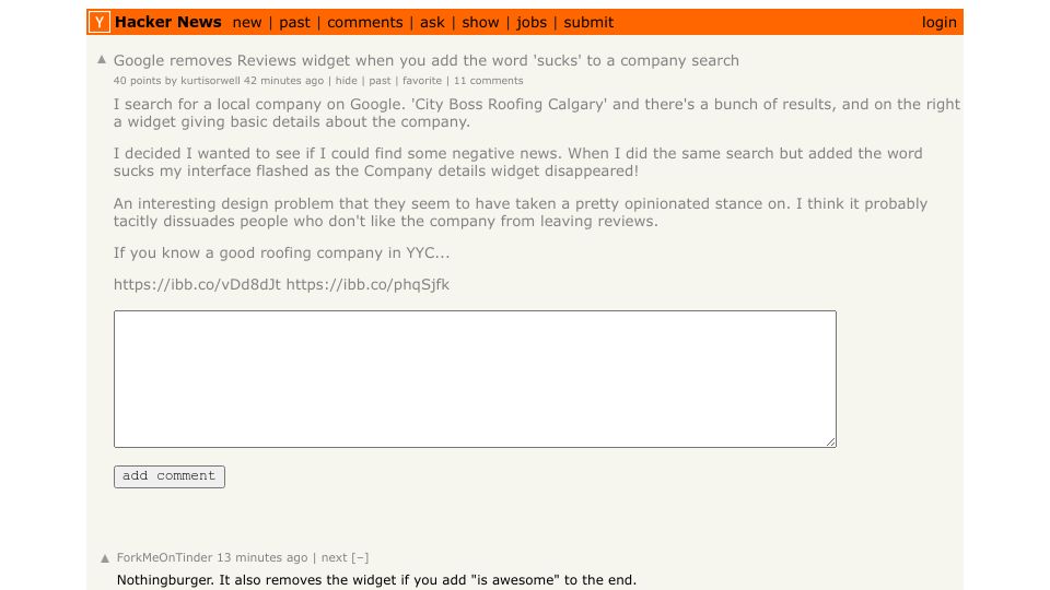Screenshot of Hacker News post: Google removes Reviews widget when you add the word 'sucks' to a company search