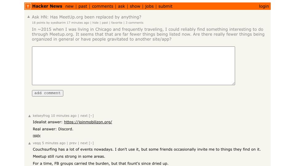 Screenshot of Hacker News post: Ask HN: Has meetup.org been replaced by anything?